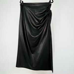Zara Black Faux Leather Midi Skirt with Side Ruching
